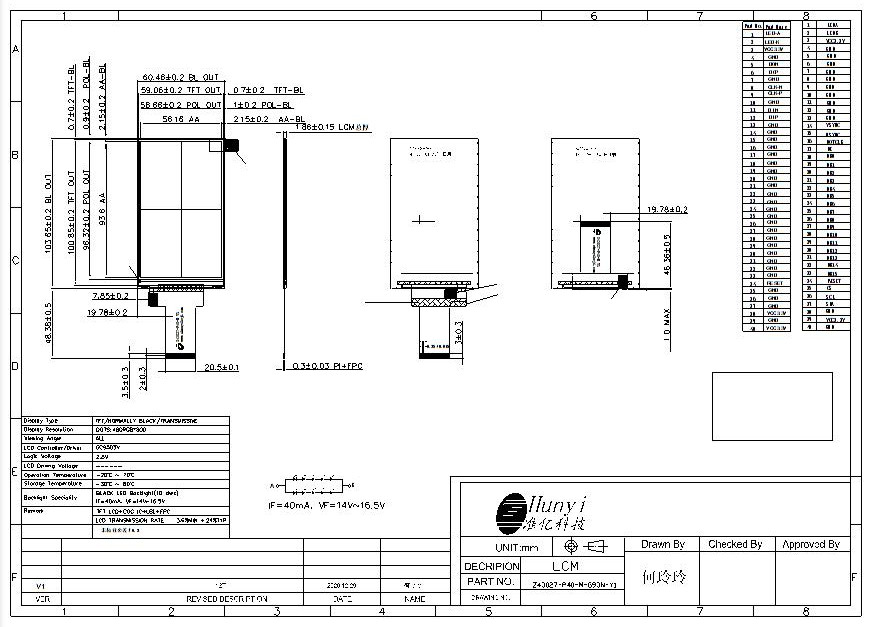 Mechanical Drawing of 4.3 Inch 3D Printer LCD Screen MIPI/RGB+SPI GC9503V Controller QVGA 480*800