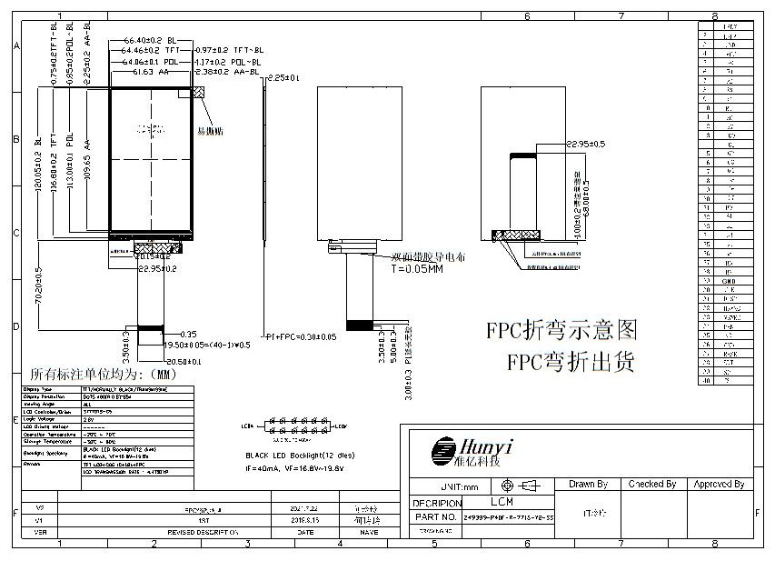 Mechanical Drawing of 500nits 5 Inch 480*854 TFT Display Screen ST7701S Controller RGB+SPI Interface