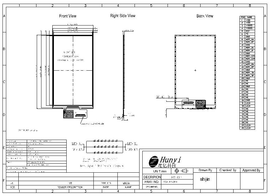 Mechanical Drawing of 7 Inch IPS LCD Display 720*1280 40PIN MIPI Interface ILI9881C Driver IC