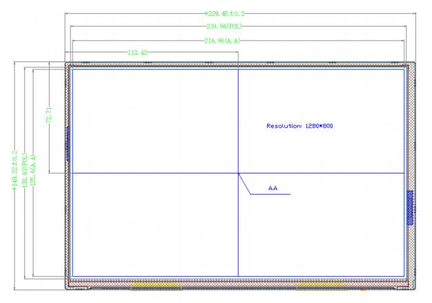 Mechanical Drawing of 10.1 Inch 1280*800 TFT LCD Screen 350 Nits LVDS Interface