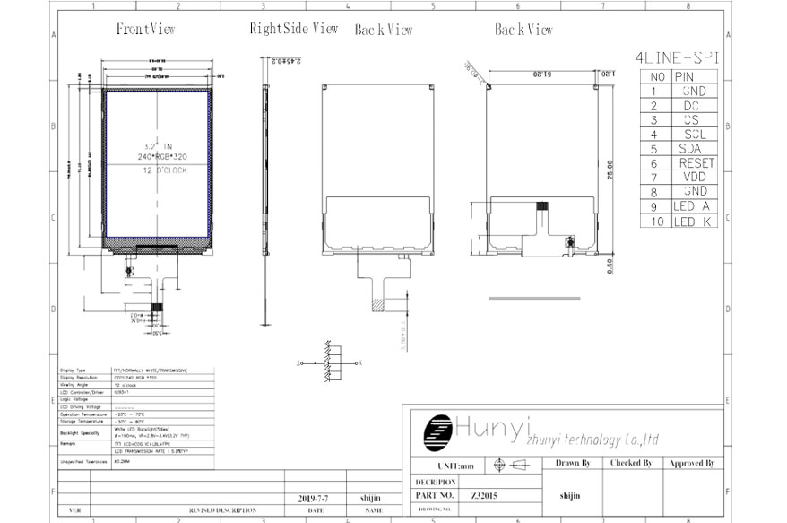 Mechanical Drawing 3.2 Inch 240*320 300nits 12 O'clock ILI9341 4-Line SPI LCD Module