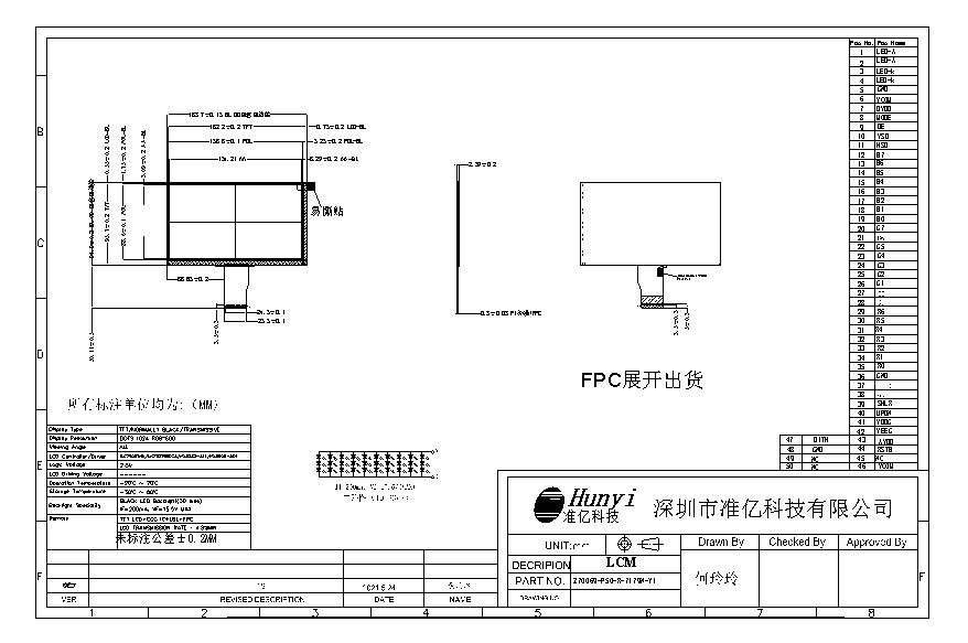 Mechanical Drawing 5.5 Inch Touch Panel TFT LCD Display 600*1024 Double Driver IC RGB Interface 450 Nits